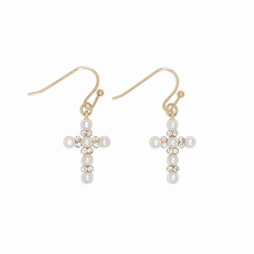 Periwinkle cross earrings featuring pearl and crystal accents in a graceful design.
