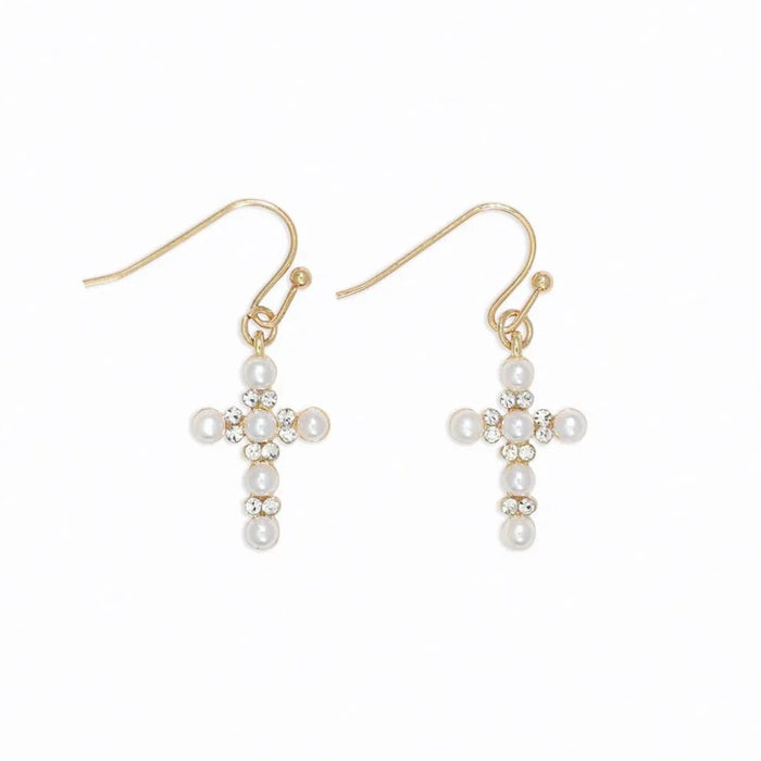 Periwinkle cross earrings featuring pearl and crystal accents in a graceful design.