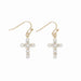 Periwinkle cross earrings featuring pearl and crystal accents in a graceful design.