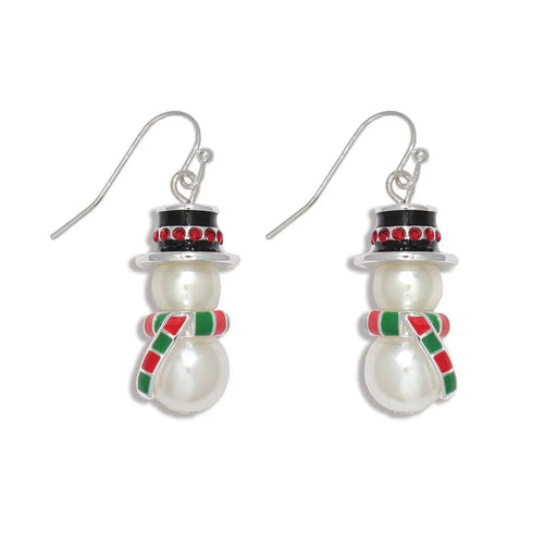 Periwinkle pearl snowman earrings featuring colorful scarves and sparkling crystal hats, creating a festive design for winter and holiday outfits.
