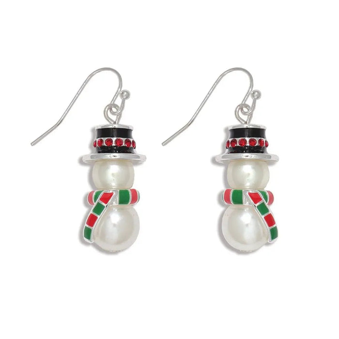 Periwinkle pearl snowman earrings featuring colorful scarves and sparkling crystal hats, creating a festive design for winter and holiday outfits.
