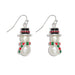 Periwinkle pearl snowman earrings featuring colorful scarves and sparkling crystal hats, creating a festive design for winter and holiday outfits.