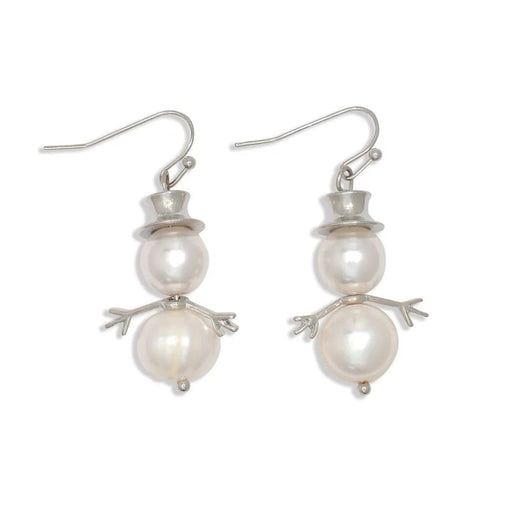 Periwinkle pearl snowmen earrings featuring elegant silver hats and festive snowman details, perfect for winter and holiday outfits.