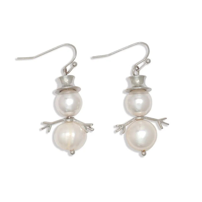 Periwinkle pearl snowmen earrings featuring elegant silver hats and festive snowman details, perfect for winter and holiday outfits.