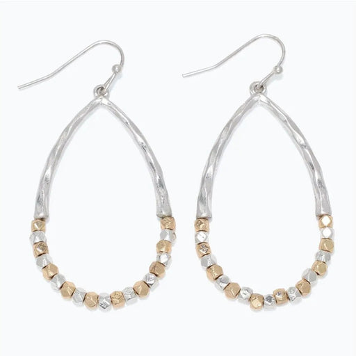 Periwinkle hammered silver two-tone beaded teardrop earrings featuring a textured finish and elegant dangling silhouette.