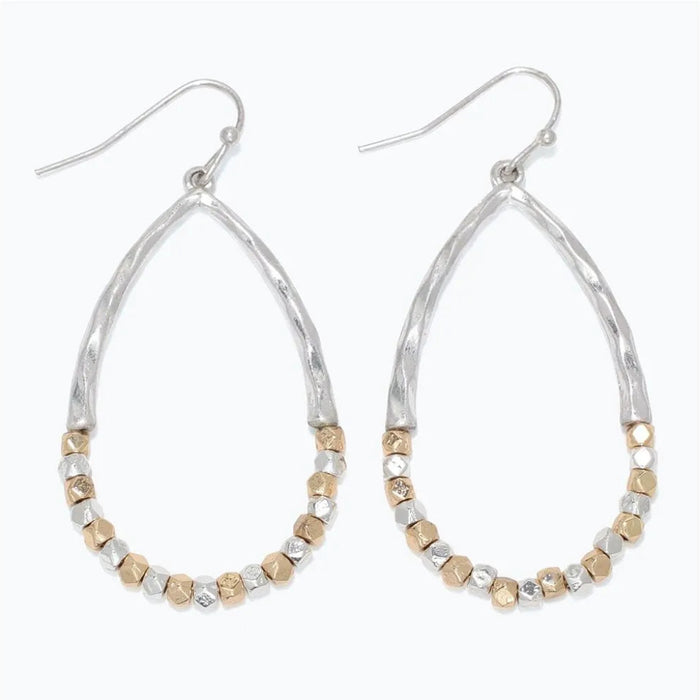 Periwinkle hammered silver two-tone beaded teardrop earrings featuring a textured finish and elegant dangling silhouette.