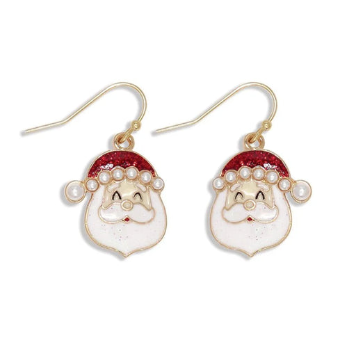 Periwinkle glittering Santa head earrings featuring festive sparkle and pearl accents, perfect for Christmas parties, holiday outfits, and gifting.