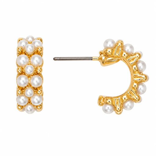 Periwinkle gold-tone hoop earrings with white pearl detailing, shown from the front and side on a white background.