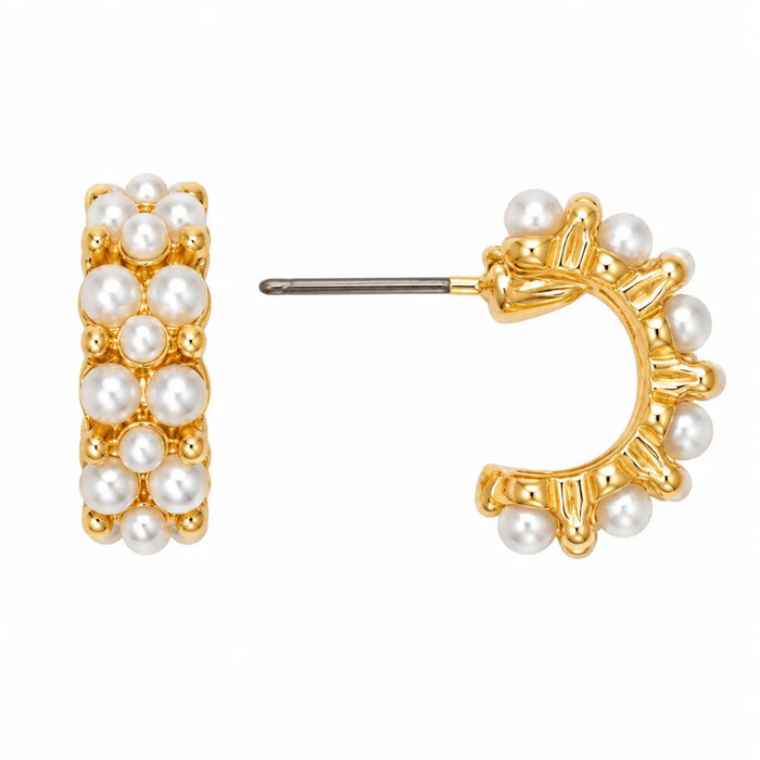 Periwinkle gold-tone hoop earrings with white pearl detailing, shown from the front and side on a white background.