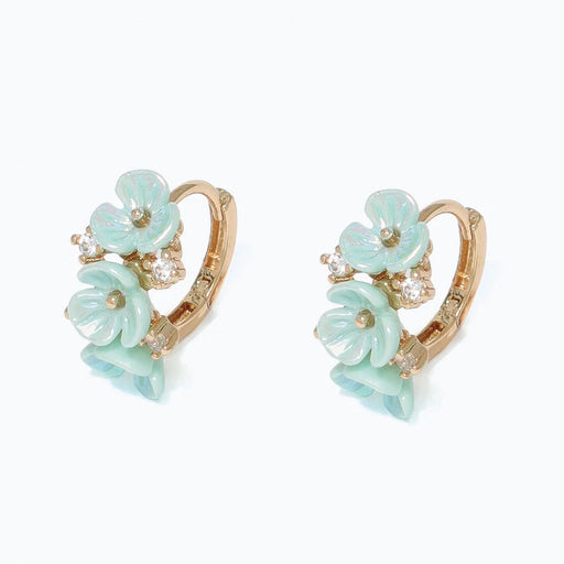 Periwinkle by Barlow gold hoop earrings featuring mint flower accents with a lightweight floral design for women.