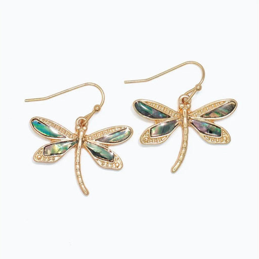 Periwinkle gold dragonfly earrings featuring an elegant dragonfly design with shimmering abalone accents.