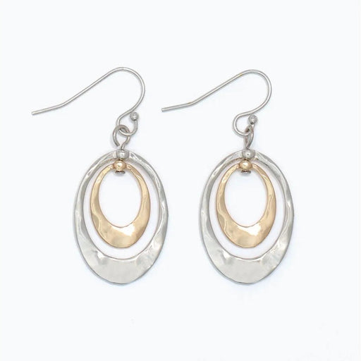 Periwinkle hammered two-tone drop earrings featuring a textured finish and elegant mixed-metal dangling design.