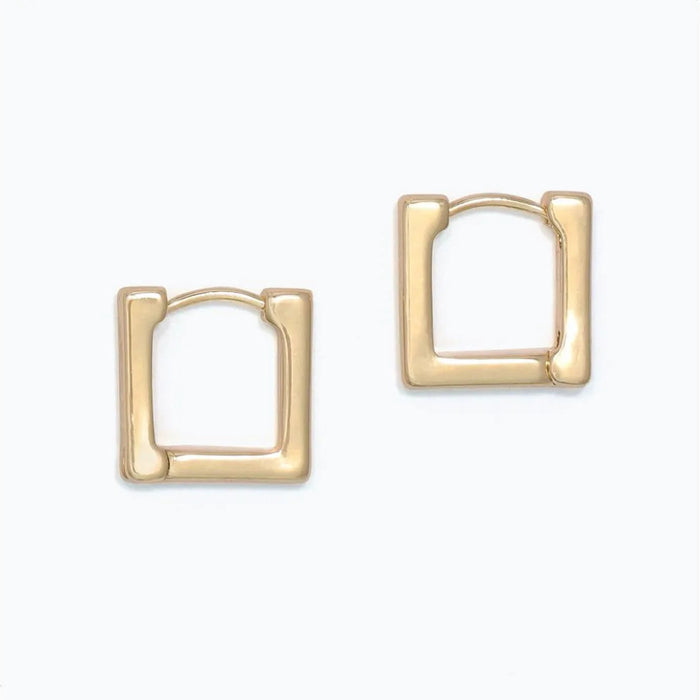 Periwinkle trendy gold square huggie earrings with a sleek geometric silhouette and polished finish