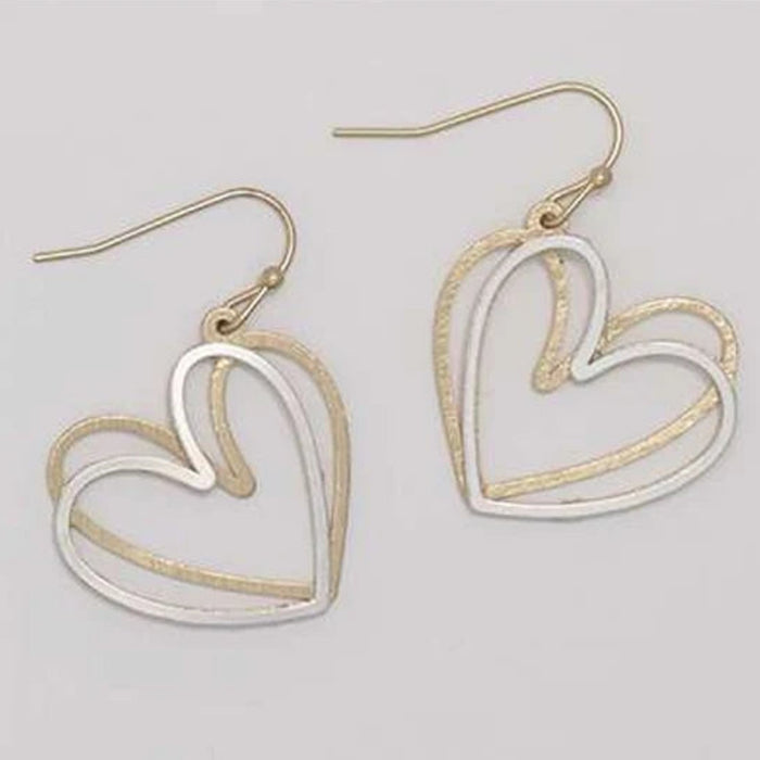 This Burnished Two Tone Hearts Earring by Periwinkle features a charming heart design with a beautiful blend of burnished silver and gold-tone finishes.