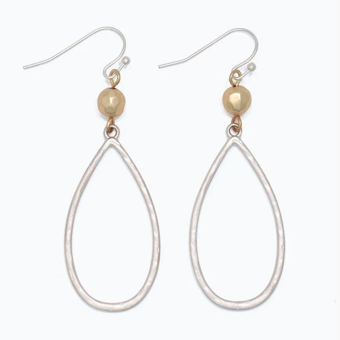 Periwinkle matte silver teardrop earrings with gold bead accents and a stylish two-tone design