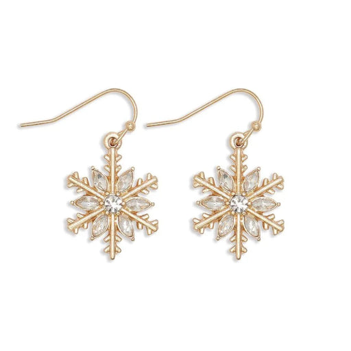 These Periwinkle Gold Snowflakes with Crystal Inset Earrings features a warm gold-tone snowflake with sparkling crystal insets. 