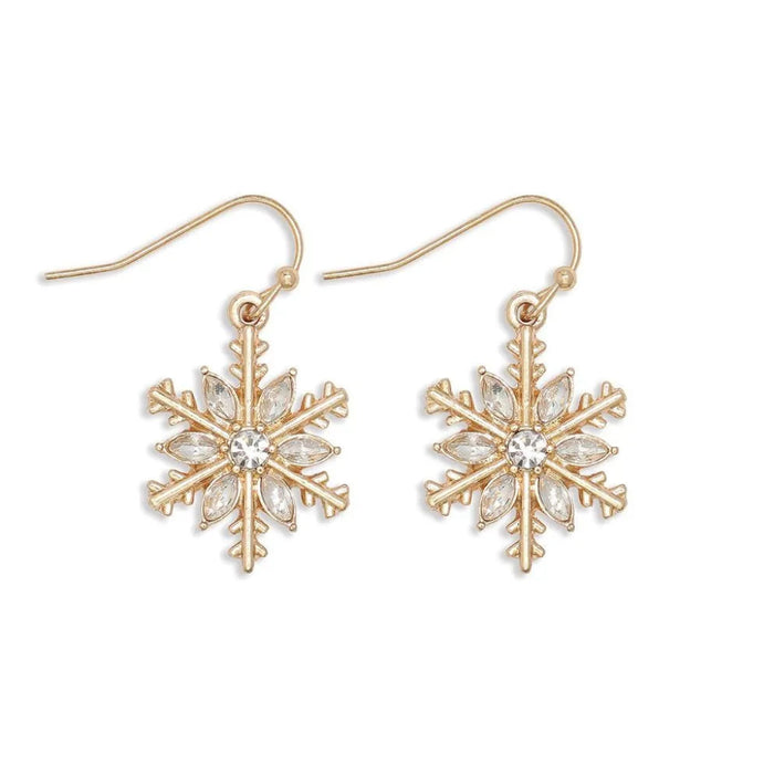 These Periwinkle Gold Snowflakes with Crystal Inset Earrings features a warm gold-tone snowflake with sparkling crystal insets. 