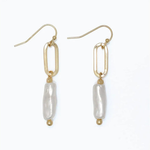 Periwinkle pearl drop earrings with delicate gold links and an elegant two-tone design