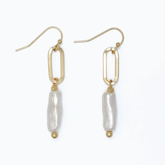 Periwinkle pearl drop earrings with delicate gold links and an elegant two-tone design