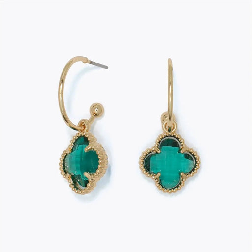 Periwinkle teal crystal clover earrings featuring a charming clover design with rich teal accents