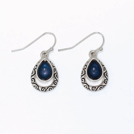 Periwinkle silver filigree drop earrings with navy inlay accents and an intricate openwork design