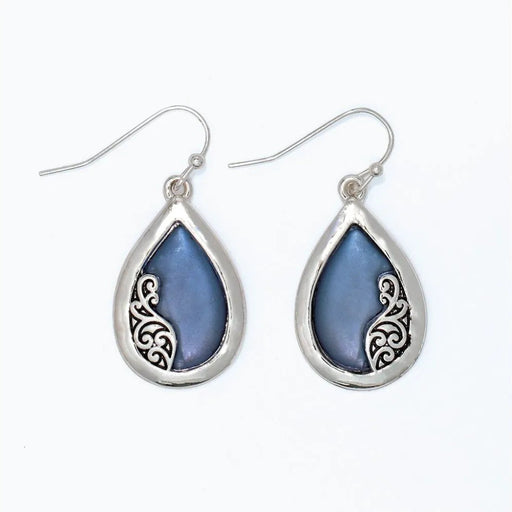 Periwinkle soft blue inlay earrings with intricate silver filigree detailing in an elegant drop design