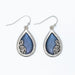 Periwinkle soft blue inlay earrings with intricate silver filigree detailing in an elegant drop design
