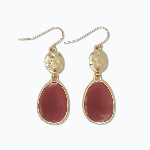 Hammered gold and wine oval earrings with a textured elegant design