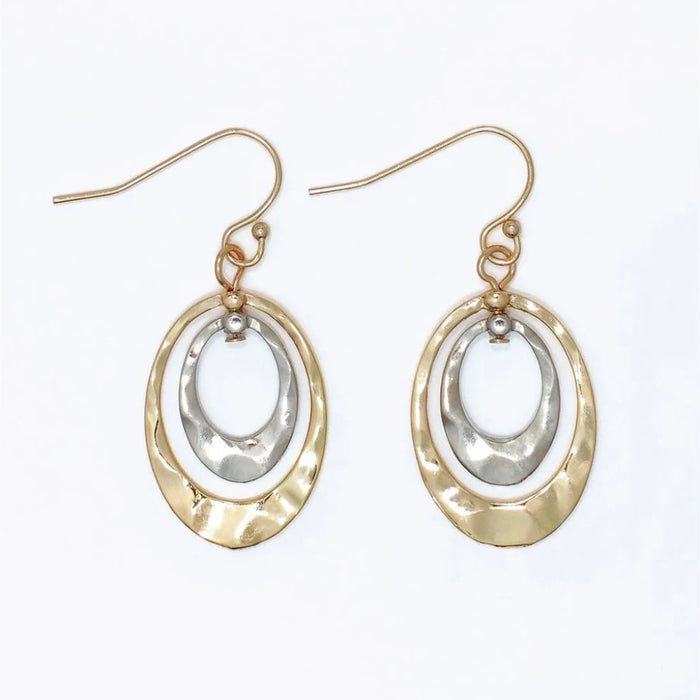Hammered two-tone oval earrings with textured mixed-metal finish