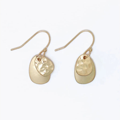 Hammered and polished gold layered earrings with a textured finish