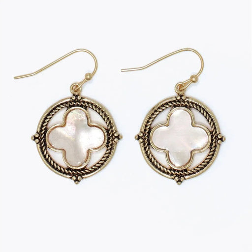 Antiqued gold clover earrings featuring luminous mother of pearl accents