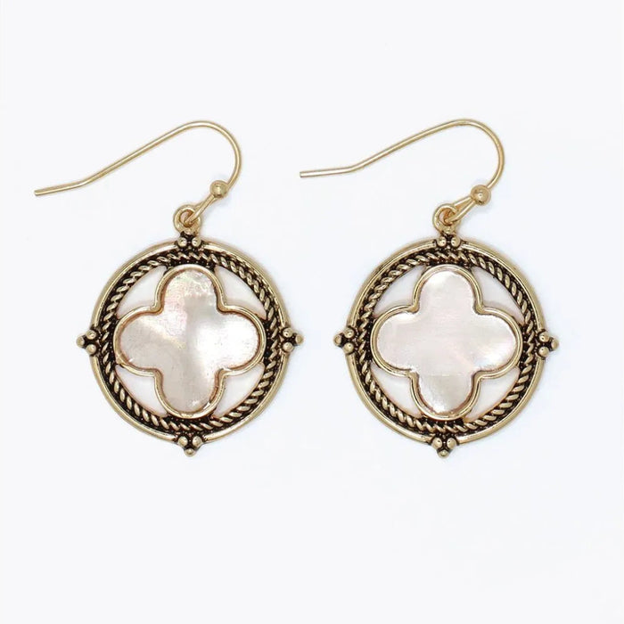 Antiqued gold clover earrings featuring luminous mother of pearl accents