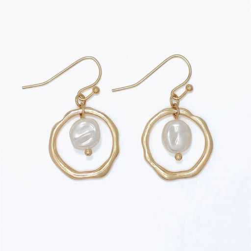 Hammered gold ring earrings featuring elegant pearl drops and textured metallic detailing