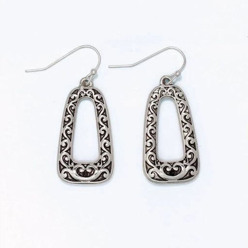 Open silver filigree drop earrings featuring an intricate openwork design