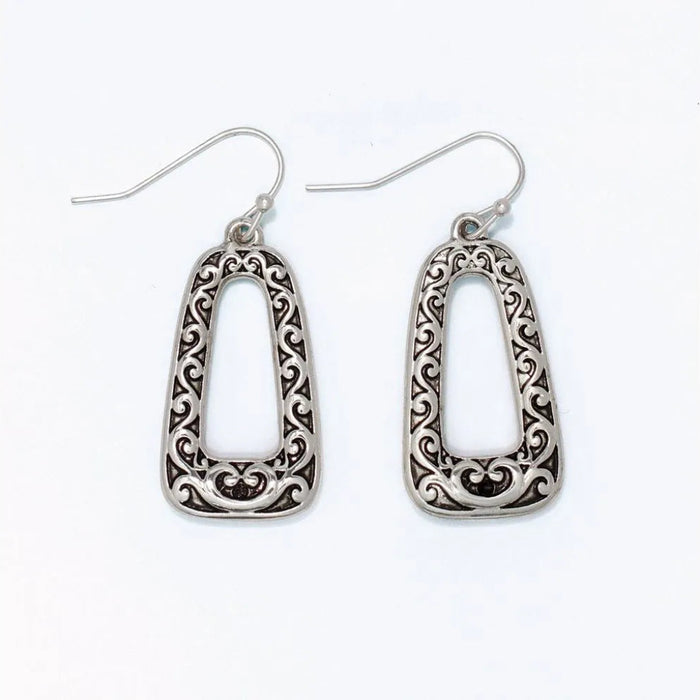 Open silver filigree drop earrings featuring an intricate openwork design
