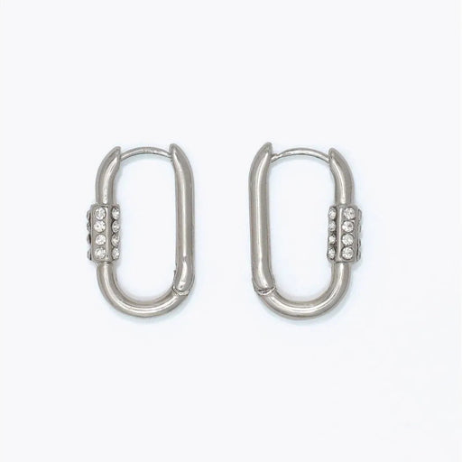 Silver carabiner hoop earrings featuring sparkling crystal accents and a modern design