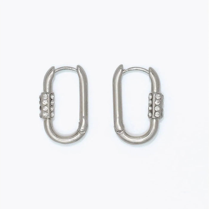 Silver carabiner hoop earrings featuring sparkling crystal accents and a modern design