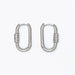 Silver carabiner hoop earrings featuring sparkling crystal accents and a modern design