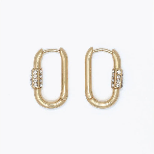 Gold carabiner huggie earrings featuring sparkling crystal accents and a modern design
