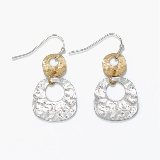 Hammered two tone shape earrings featuring geometric designs and textured mixed-metal finishes