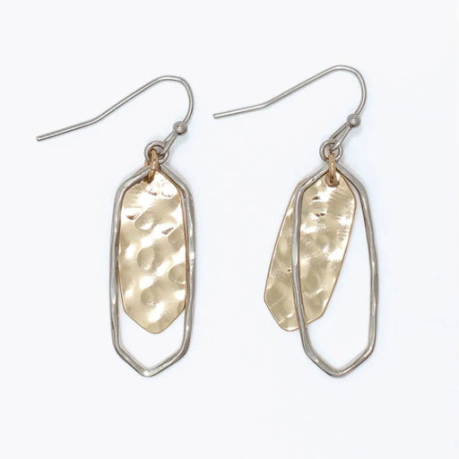 Hammered polished two tone drop earrings featuring mixed-metal finishes and a textured design