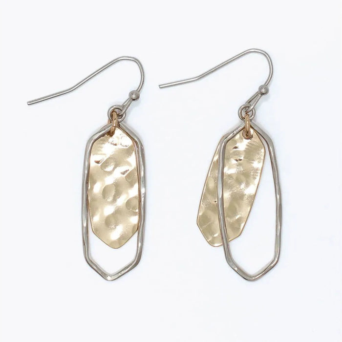 Hammered polished two tone drop earrings featuring mixed-metal finishes and a textured design