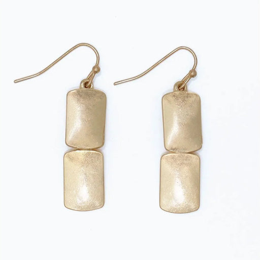 Burnished gold rectangle dangle earrings with a sleek textured metallic finish