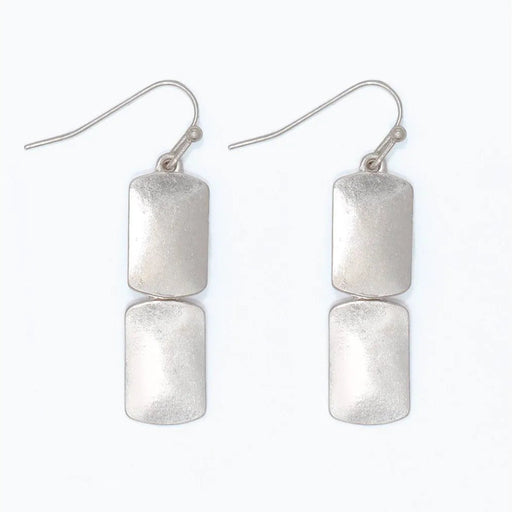 Burnished silver rectangle dangle earrings with a sleek textured metallic finish