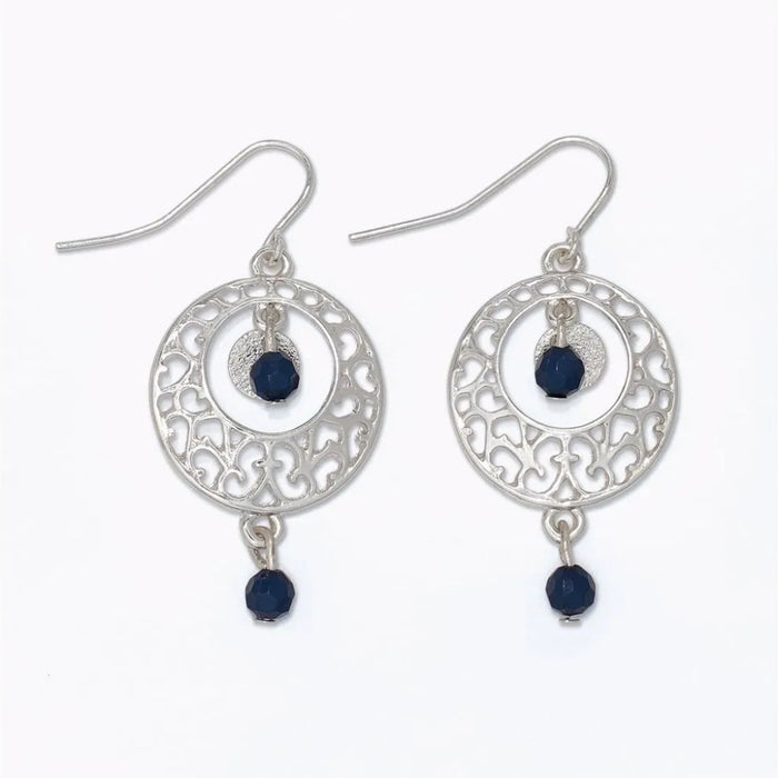 Silver open scroll earrings with navy bead accents for women