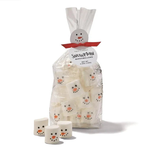 Bag of snowman marshmallows with a snowman-themed label on a white background