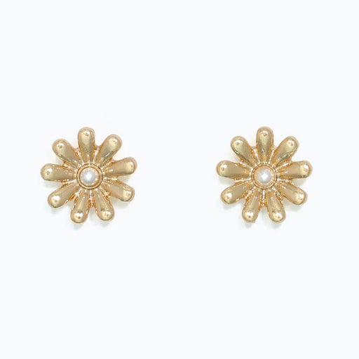 These Periwinkle Gold Flowers with Pearl Earrings features a charming gold-tone flower design accented with a classic pearl center.