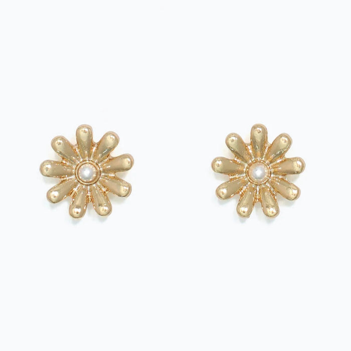 These Periwinkle Gold Flowers with Pearl Earrings features a charming gold-tone flower design accented with a classic pearl center.