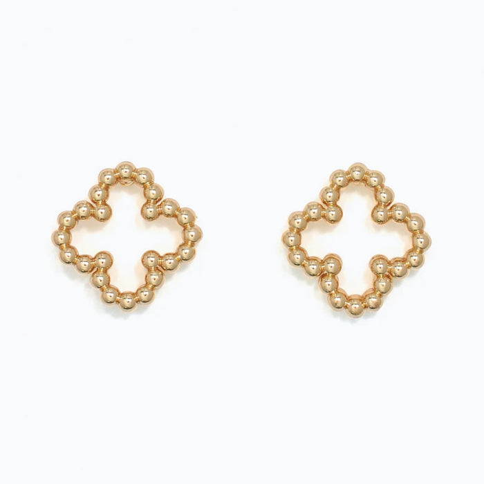 These Periwinkle Gold Beaded Clovers Earrings features a delicate clover-inspired design with intricate gold beaded detailing.