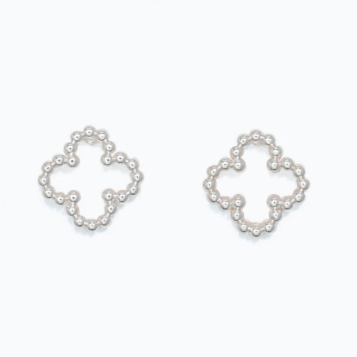 These Periwinkle Silver Beaded Clover Earrings features a graceful clover-inspired shape with intricate silver beaded detailing. 